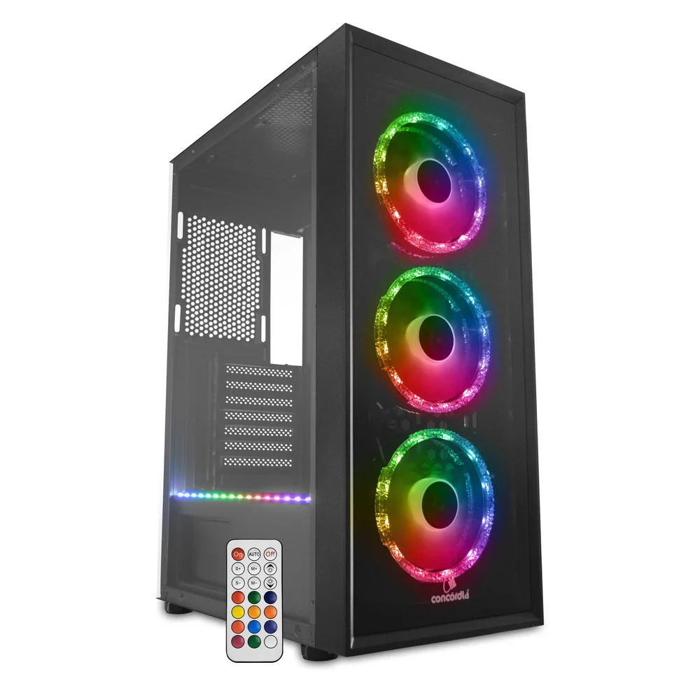 Gabinete Gamer Concórdia Glass X3602 RGB com Controle, Fita LED e Fans Gabinete Gamer Concórdia Glass X3602 RGB com Controle, Fita LED e Fans
