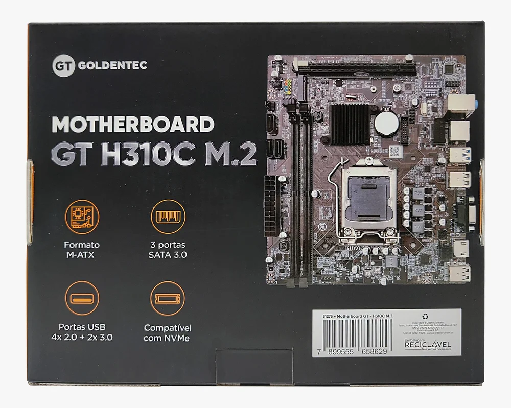 Placa-Mãe Goldentech, Intel, LGA 1151, H310C, DDR4, GT Placa-Mãe Goldentech, Intel, LGA 1151, H310C, DDR4, GT