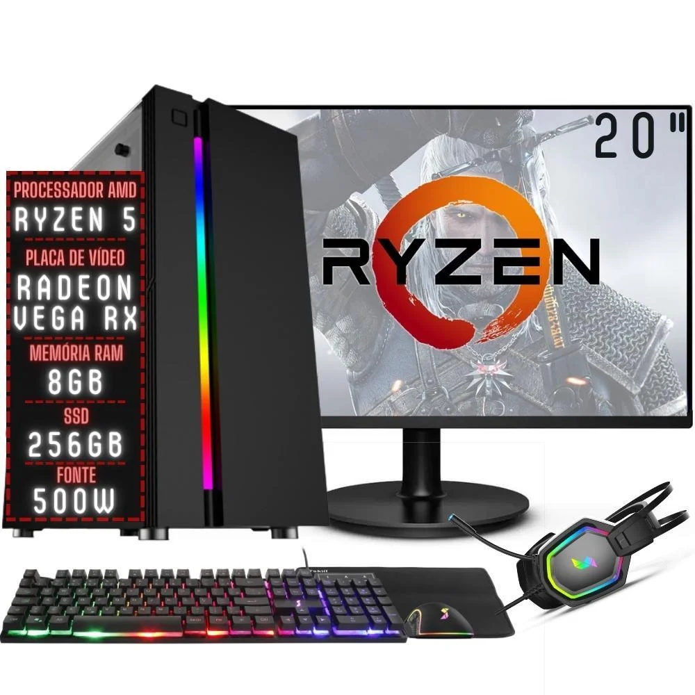 Pc Gamer Completo 3green Force Amd Ryzen 5 8GB Ddr4 Placa De Vídeo Radeon Rx SSD 256GB Monitor 20´´ 75hz Fonte 500w 3gfo-025
