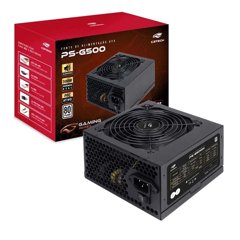 Fonte C3tech Ps-g500, ATX, 500w, 80 Plus White Preto Fonte C3tech Ps-g500, ATX, 500w, 80 Plus White Preto