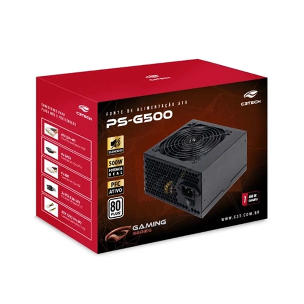 Fonte C3tech Ps-g500, ATX, 500w, 80 Plus White Preto Fonte C3tech Ps-g500, ATX, 500w, 80 Plus White Preto