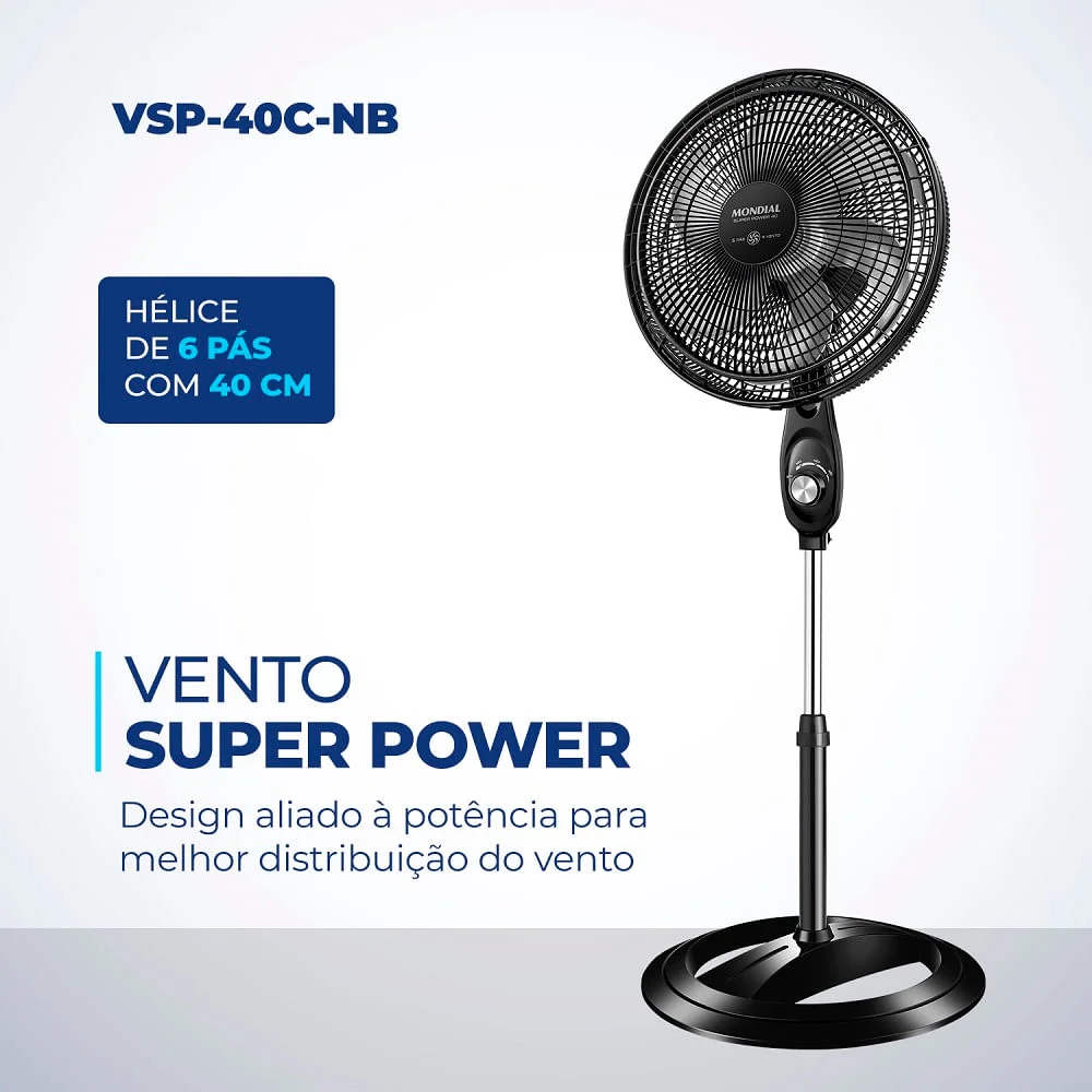 Ventilador De Coluna Mondial Vsp-40c Super Power, 40cm, 6 pás, 140w, 3 Velocidades, Modo Silencioso, 110v - Preto e Prata Ventilador De Coluna Mondial Vsp-40c Super Power, 40cm, 6 pás, 140w, 3 Velocidades, Modo Silencioso, 110v - Preto e Prata