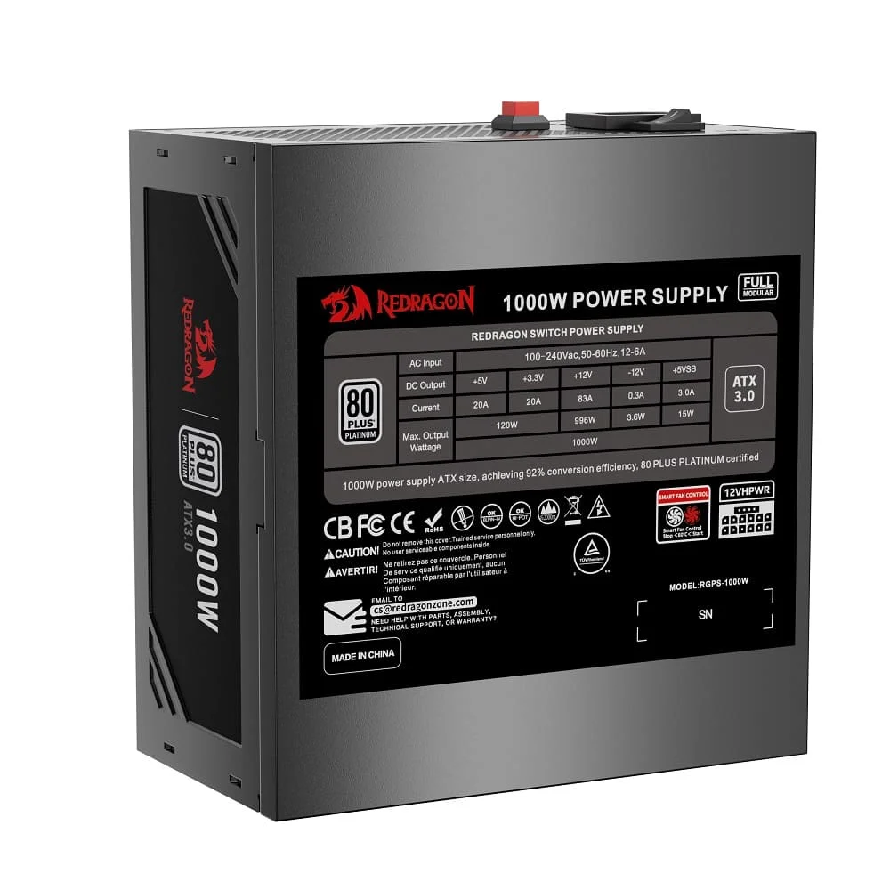 Fonte Redragon, ATX 1000w, 80 Plus, Platinum, Preto, Full Modular Fonte Redragon, ATX 1000w, 80 Plus, Platinum, Preto, Full Modular