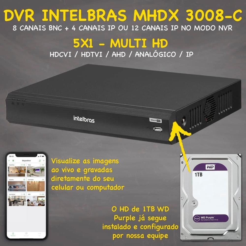 Kit Cftv 06 Câmeras Vhl 1220B + DVR Mhdx 3008-c, Com 1TB Purple