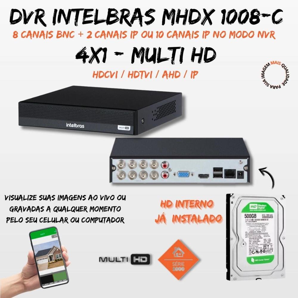 Kit 8 Câmeras Segurança  Intelbras 1008c, Color Dvr, HD 500GB