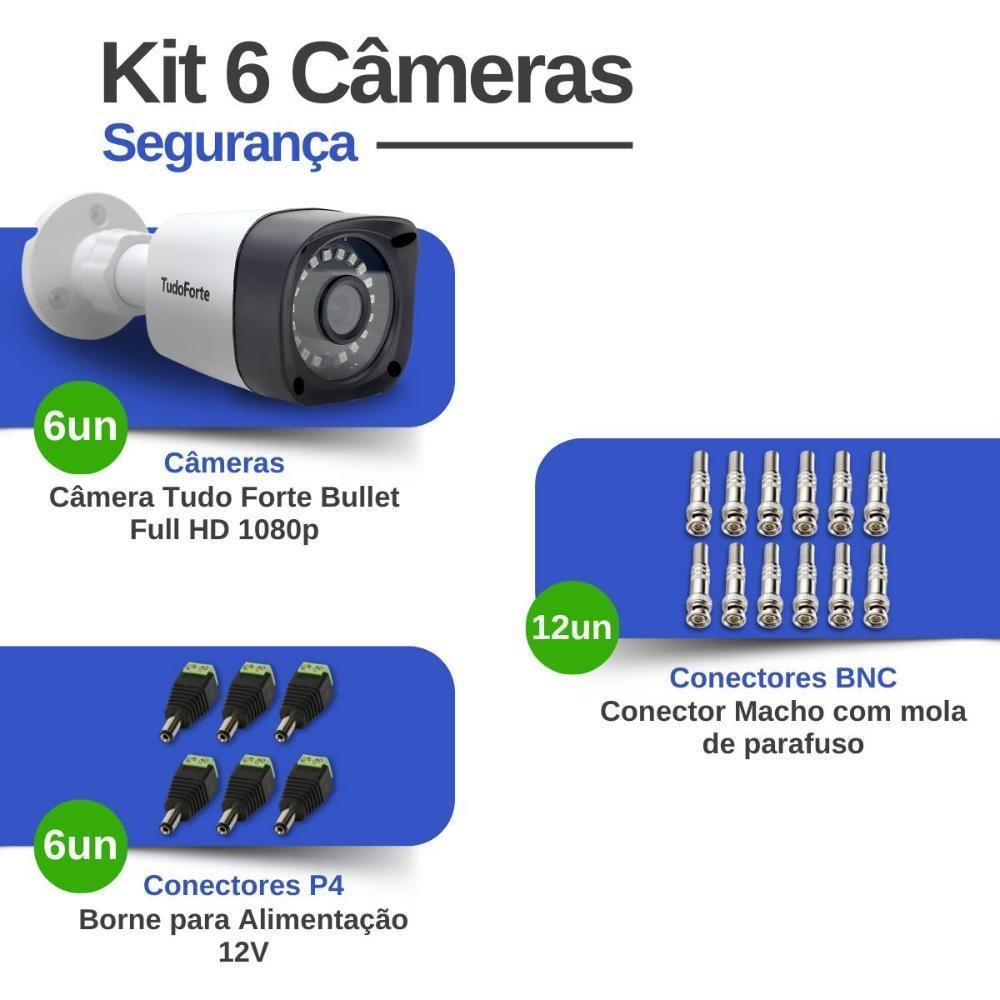 Kit 6 Câmeras, Bullet, FULL HD, 1080p, Lente 2.8mm, Visão Noturna 20m, Ip66 + Conectores