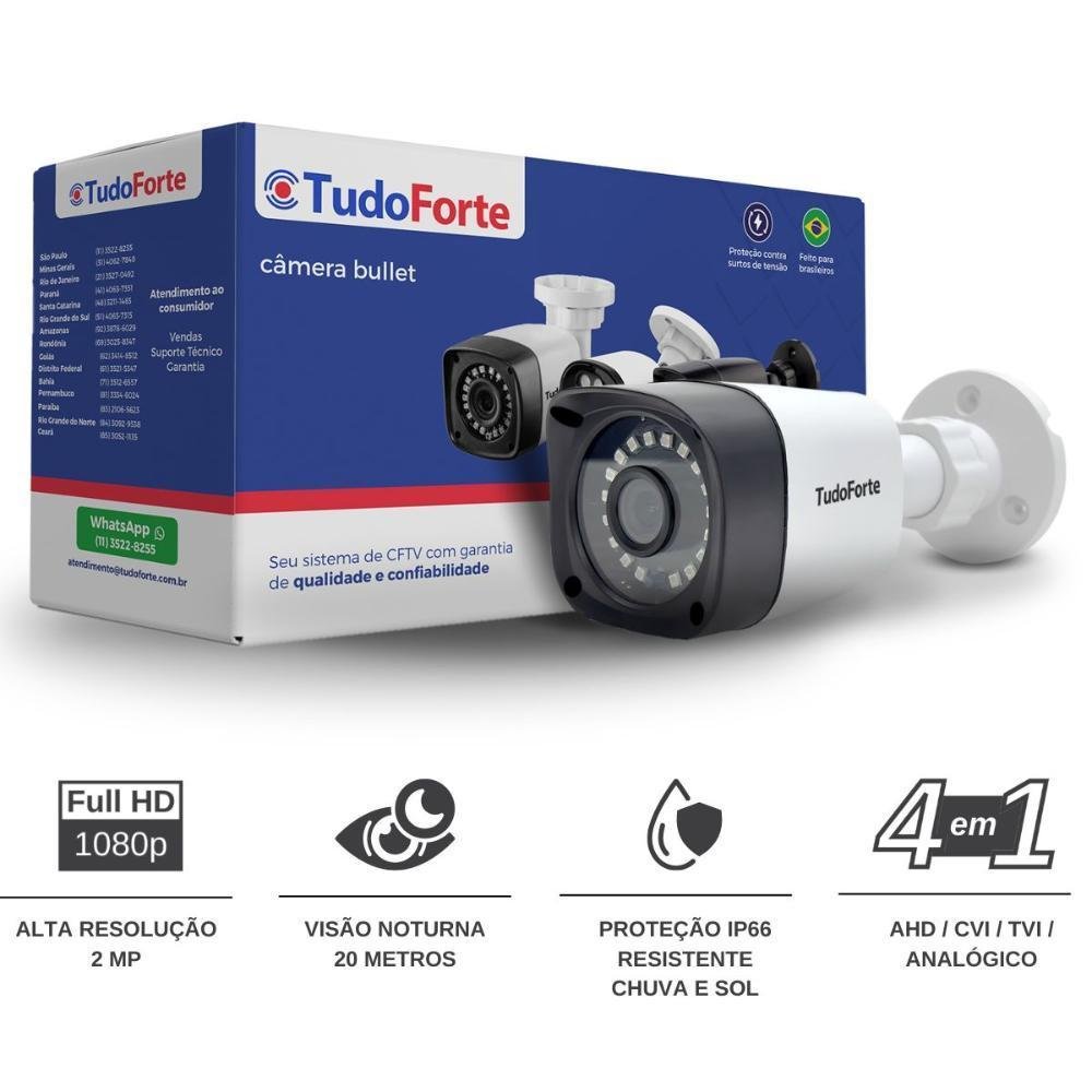 Kit 6 Câmeras, Bullet, FULL HD, 1080p, Lente 2.8mm, Visão Noturna 20m, Ip66 + Conectores