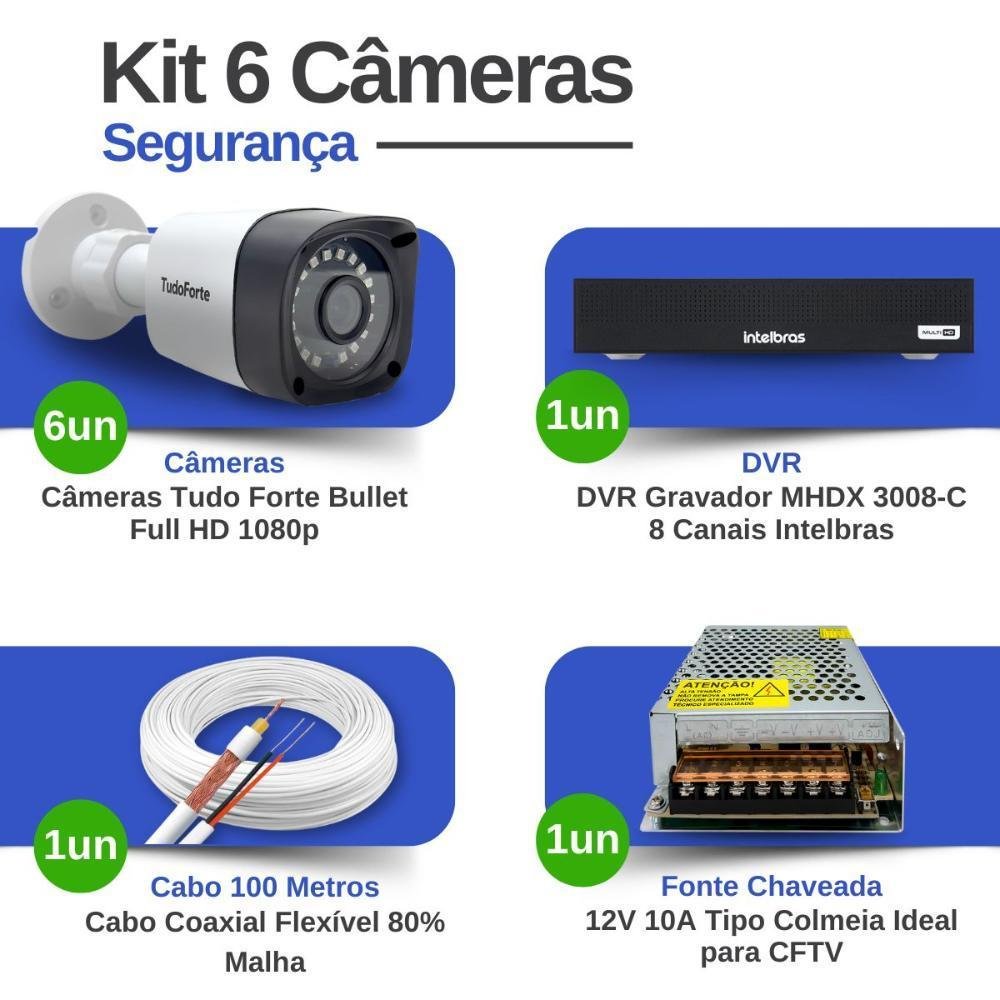 Kit 6 Câmeras Tudo Forte Tf 2020 B Full Hd 1080p Bullet Visão Noturna 20m Proteção Ip66 + Dvr Intelbras Mhdx 3008-c 8 Canais