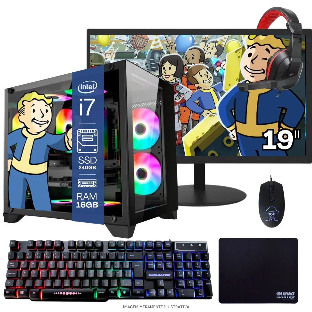 "Computador PC Gamer Completo Balão.info Intel Core I7 SSD 240GB 16gb Gabinete Aquário Teclado Mouse Mouse Pad E Headset Gamer Monitor 19"" WINDOWS 10 Pro Trial"