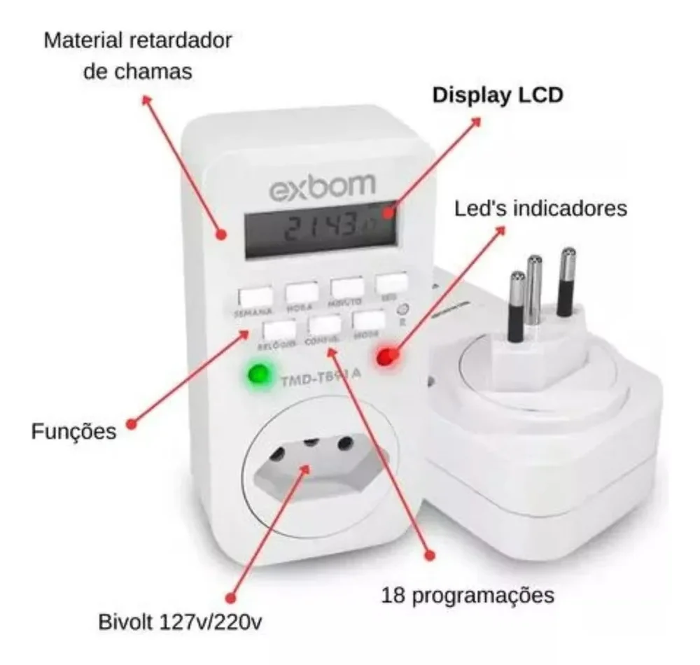 Temporizador Digital Tomada Timer Lcd 8 Programas Bivolt 10a Temporizador Digital Tomada Timer Lcd 8 Programas Bivolt 10a