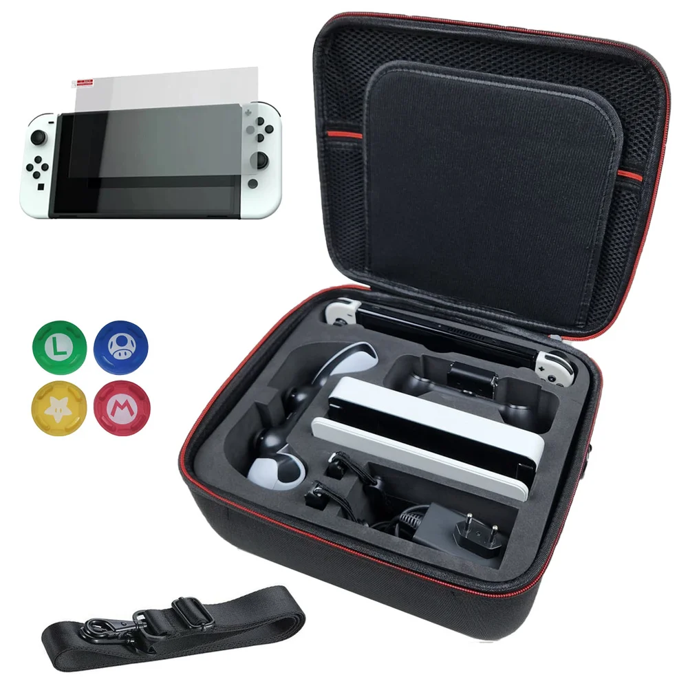 Bolsa Compatível Com Nintendo Switch OLED Maleta Viagem Preta Rígida Eva + Película De Vidro Premium + 4 Grips Mario Bolsa Compatível Com Nintendo Switch OLED Maleta Viagem Preta Rígida Eva + Película De Vidro Premium + 4 Grips Mario