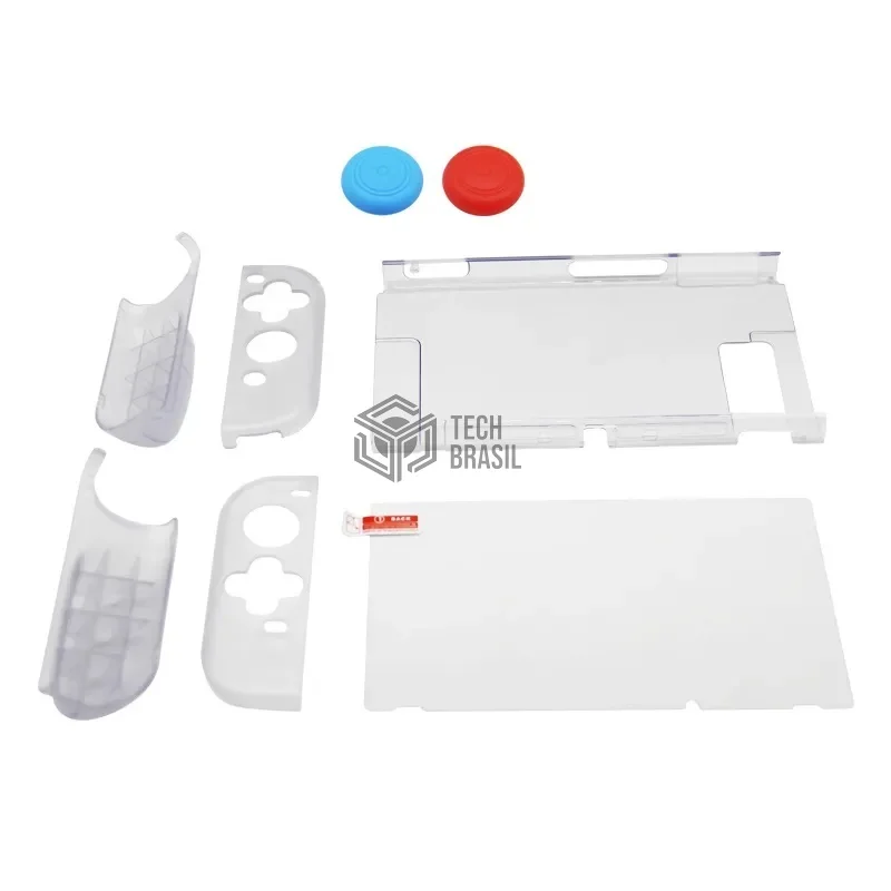 Kit Proteção Para Nintendo Switch 6 Em 1 - Case Capa Película Grips Caps Crystal
