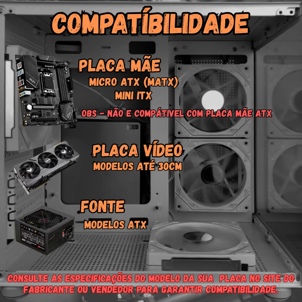 Gabinete Gamer Preto Aquário com 5 Fans RGB Inclusas Mini Tower para Placas Micro Atx Mini ITX Vidro Temperado Gabinete Gamer Preto Aquário com 5 Fans RGB Inclusas Mini Tower para Placas Micro Atx Mini ITX Vidro Temperado