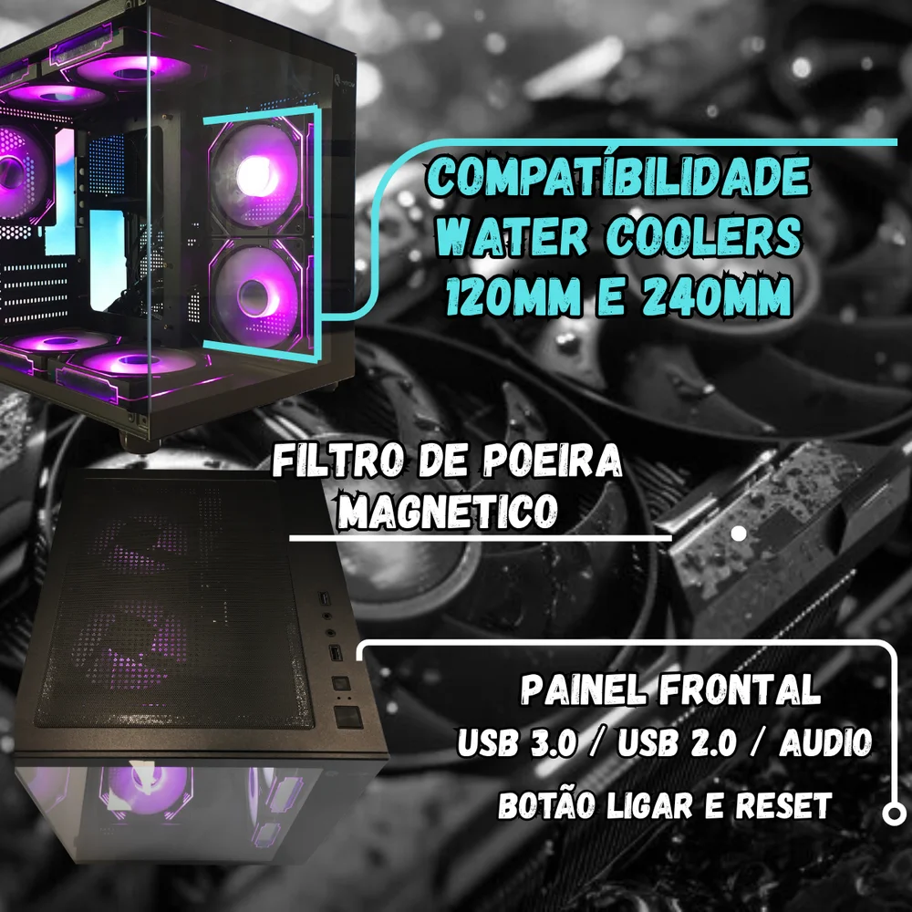 Gabinete Gamer Preto Aquário com 5 Fans RGB Inclusas Mini Tower para Placas Micro Atx Mini ITX Vidro Temperado Gabinete Gamer Preto Aquário com 5 Fans RGB Inclusas Mini Tower para Placas Micro Atx Mini ITX Vidro Temperado
