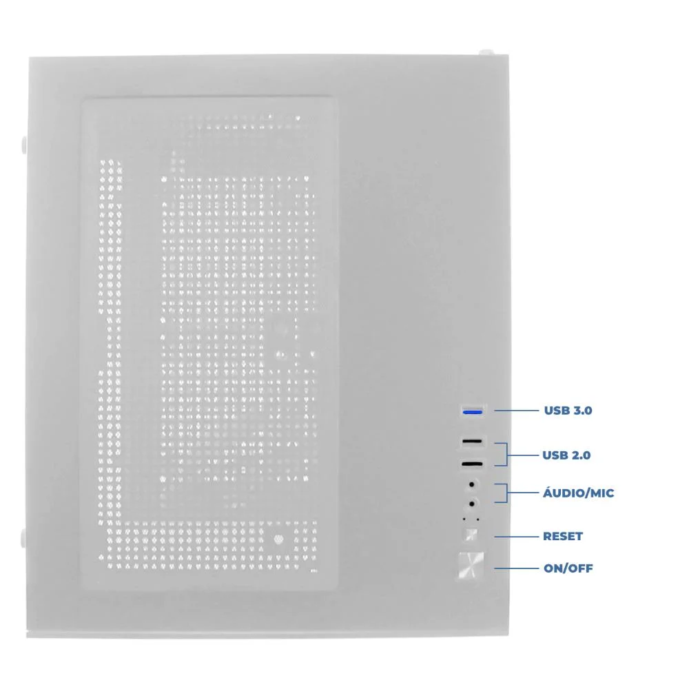 Gabinete Branco Gamer Mini Tower Vidro, 5 Slots De Expansão, Entrada Usb 3.0 P2, Painel Transparente, Home Office, Escritório