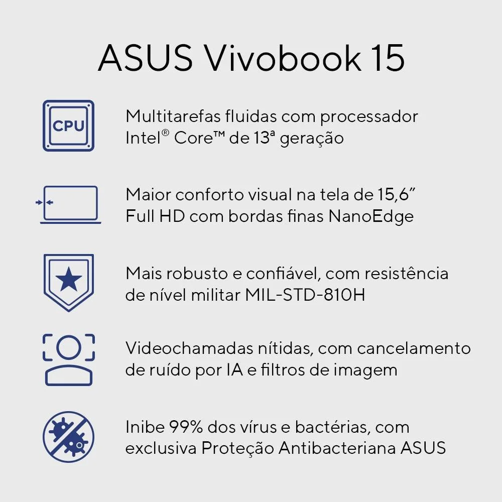 Notebook Asus Vivobook 15 X1504va Intel Core i5 1334u 8GB Ram 512gb SSD WINDOWS 11 Home Intel Iris Xe Tela 15,6" LED Fhd Blue - Nj3957w Notebook Asus Vivobook 15 X1504va Intel Core i5 1334u 8GB Ram 512gb SSD WINDOWS 11 Home Intel Iris Xe Tela 15,6" LED Fhd Blue - Nj3957w