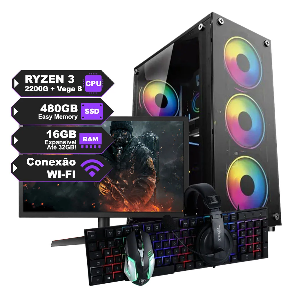 PC Gamer Completo Ryzen 3 2200G c Placa de Vídeo