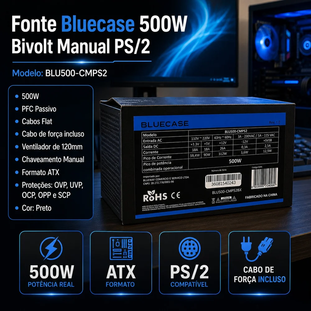 Fonte De Alimentação Bluecase Ps/2 500w C/cabo - Blu500-cmps2bx Fonte De Alimentação Bluecase Ps/2 500w C/cabo - Blu500-cmps2bx