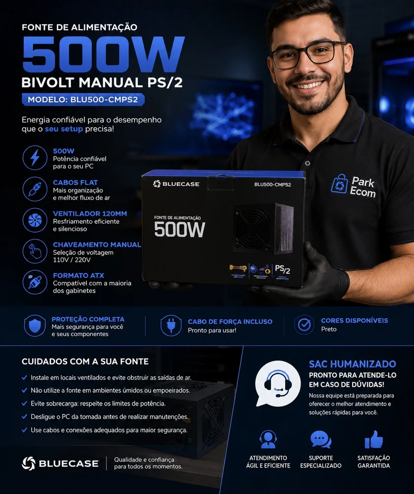Fonte De Alimentação Bluecase Ps/2 500w C/cabo - Blu500-cmps2bx Fonte De Alimentação Bluecase Ps/2 500w C/cabo - Blu500-cmps2bx
