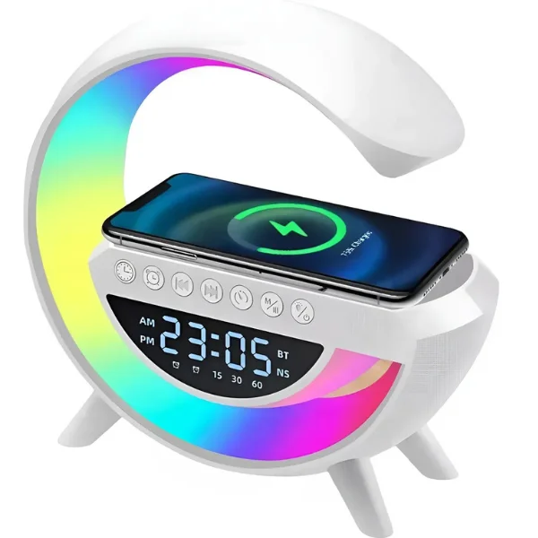 G Speaker Caixa de Som Bluetooth com Relógio Digital, Luminária RGB 3 em 1 com Carregador Sem Fio por Indução com Luz de LED Ambiente e Toque Moderno. G Speaker Caixa de Som Bluetooth com Relógio Digital, Luminária RGB 3 em 1 com Carregador Sem Fio por Indução com Luz de LED Ambiente e Toque Moderno.