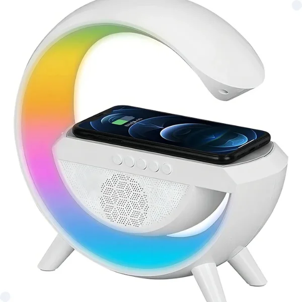 G Speaker Caixa de Som Bluetooth com Relógio Digital, Luminária RGB 3 em 1 com Carregador Sem Fio por Indução com Luz de LED Ambiente e Toque Moderno. G Speaker Caixa de Som Bluetooth com Relógio Digital, Luminária RGB 3 em 1 com Carregador Sem Fio por Indução com Luz de LED Ambiente e Toque Moderno.