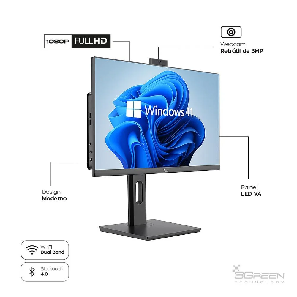 "Computador All In One 24"" Preto, Intel i3 9100, 16gb, SSD 1TB, WINDOWS 11  , Webcam, Wi-fi, 3green Unique" em Campinas - foto 4