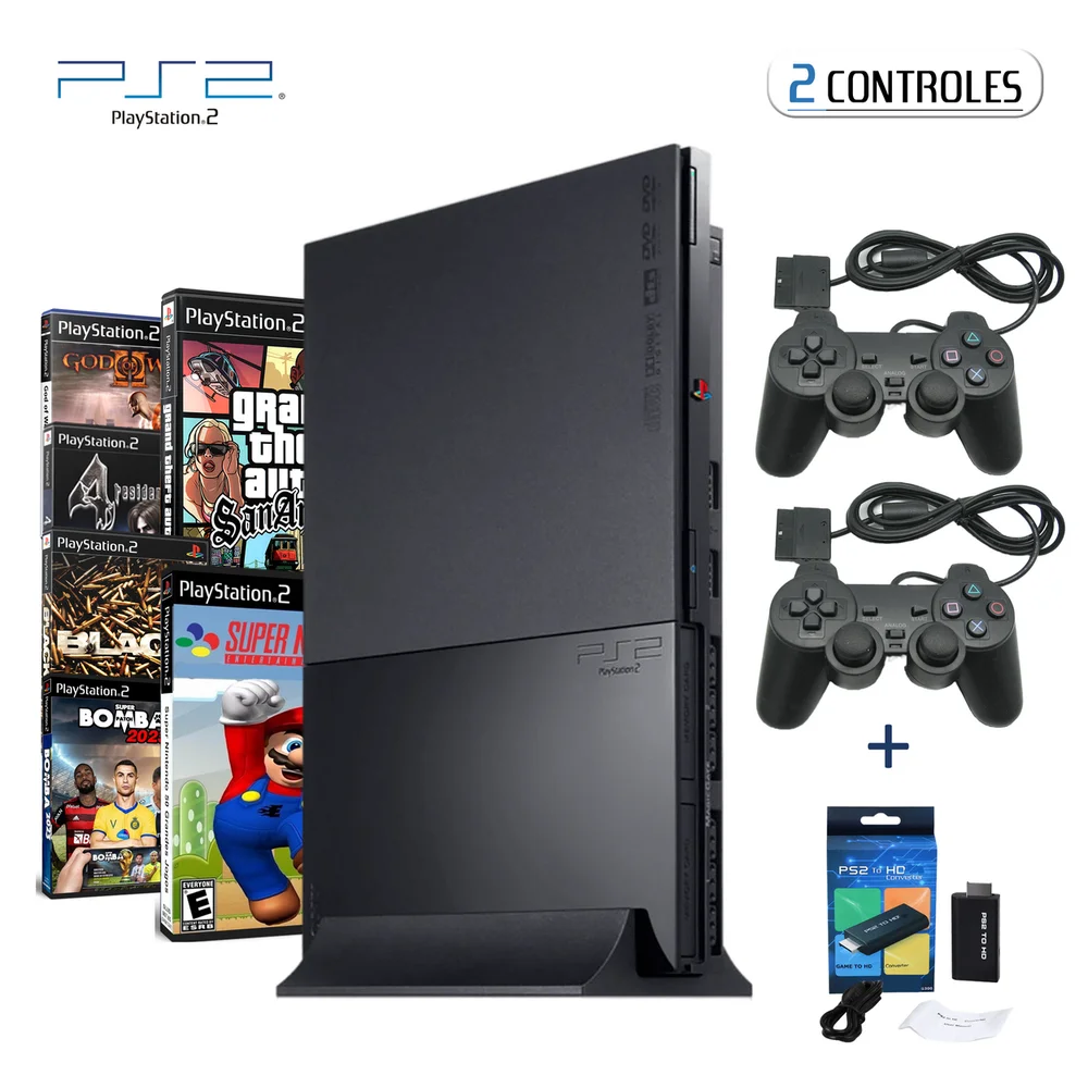 Console Ps2 Com Opl+ 2 Controles Dualshock 2 + Adaptador HDMI Hd 1080p Na Caixa + Jogos Console Ps2 Com Opl+ 2 Controles Dualshock 2 + Adaptador HDMI Hd 1080p Na Caixa + Jogos