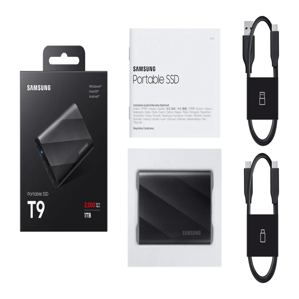 SSD Externo Samsung T9, 1TB, Usb 3.2 (usb-c), Leitura 2000 Mb/s, Escrita 1950 Mb/s - Preto Mu‑pg1t0b/am SSD Externo Samsung T9, 1TB, Usb 3.2 (usb-c), Leitura 2000 Mb/s, Escrita 1950 Mb/s - Preto Mu‑pg1t0b/am